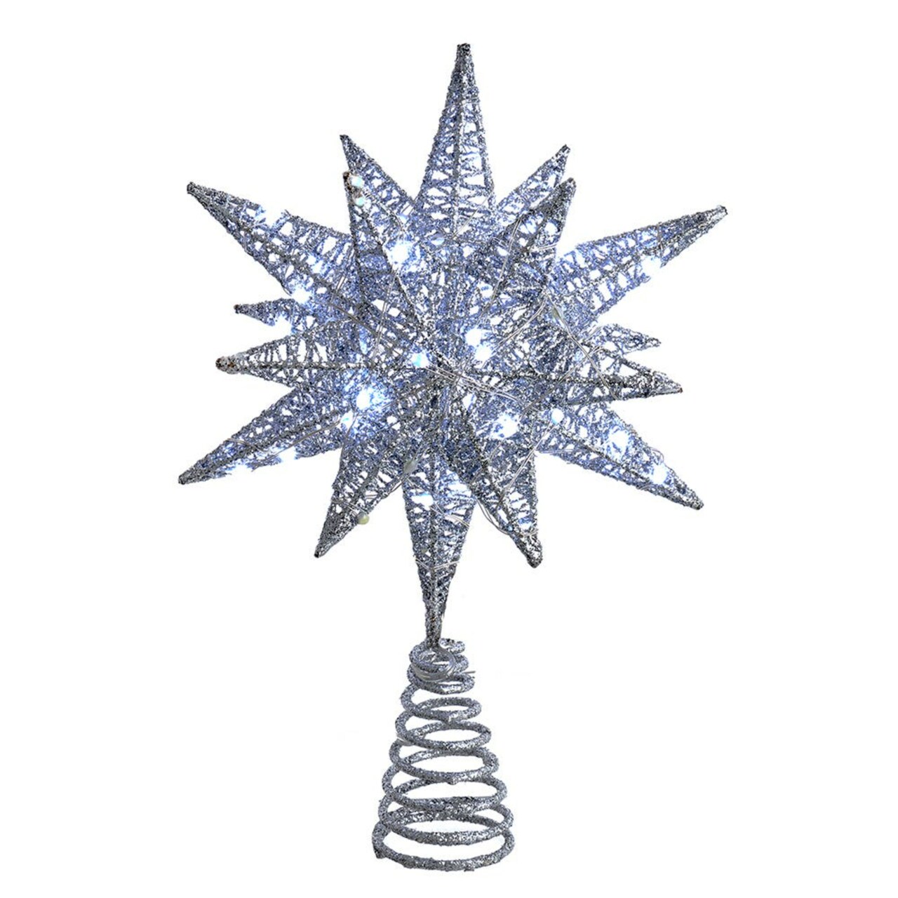 KSA 11" LED Lighted Silver Starburst Twinkling Christmas Tree Topper, Warm White Lights